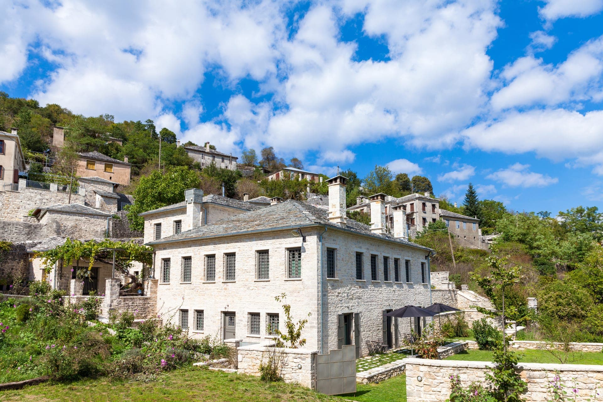 Apeiros Chora, as seen from the village road, opposite the old school building.