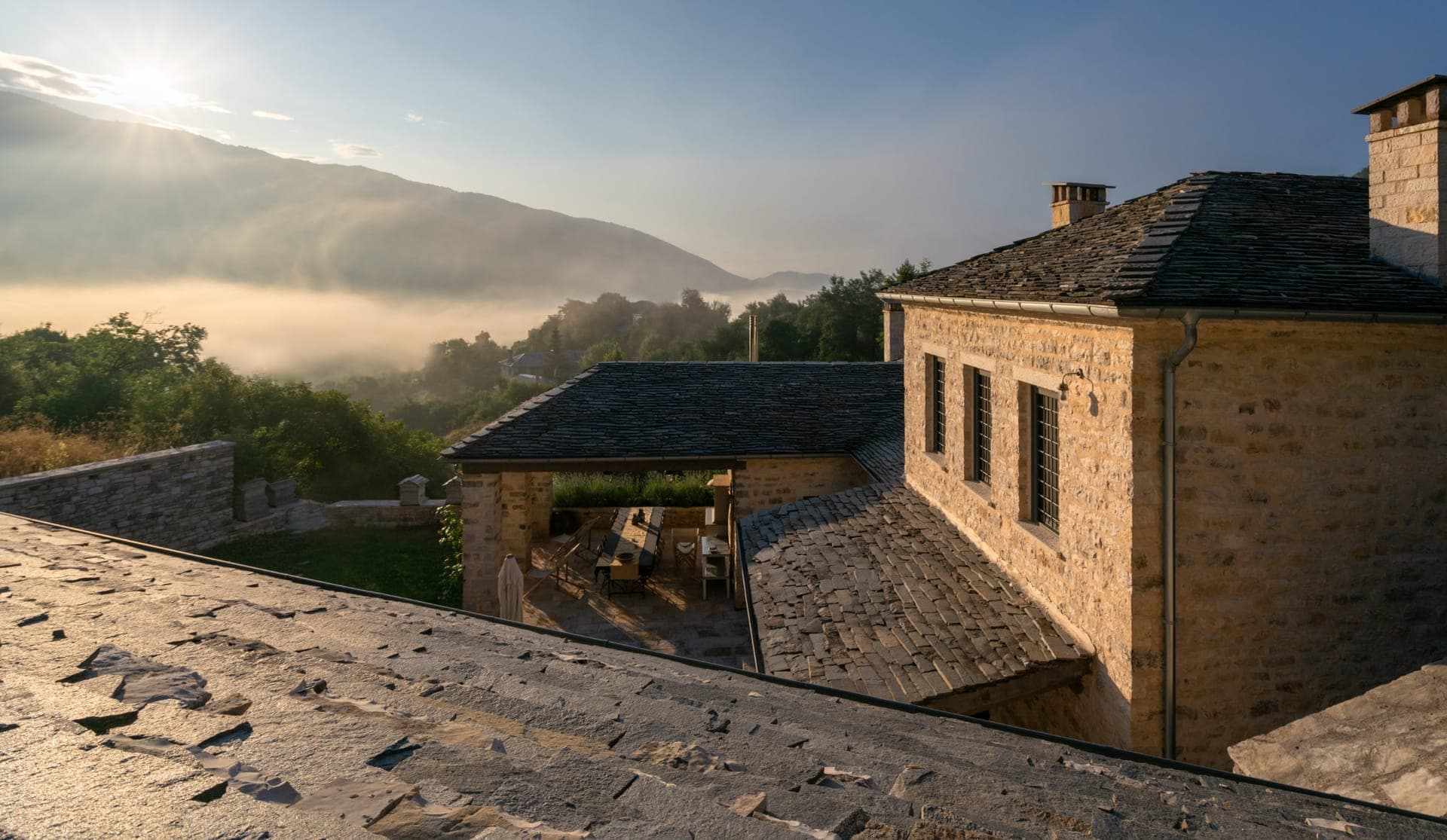 Elevated view of the house and surrounding landscape of Zagori.