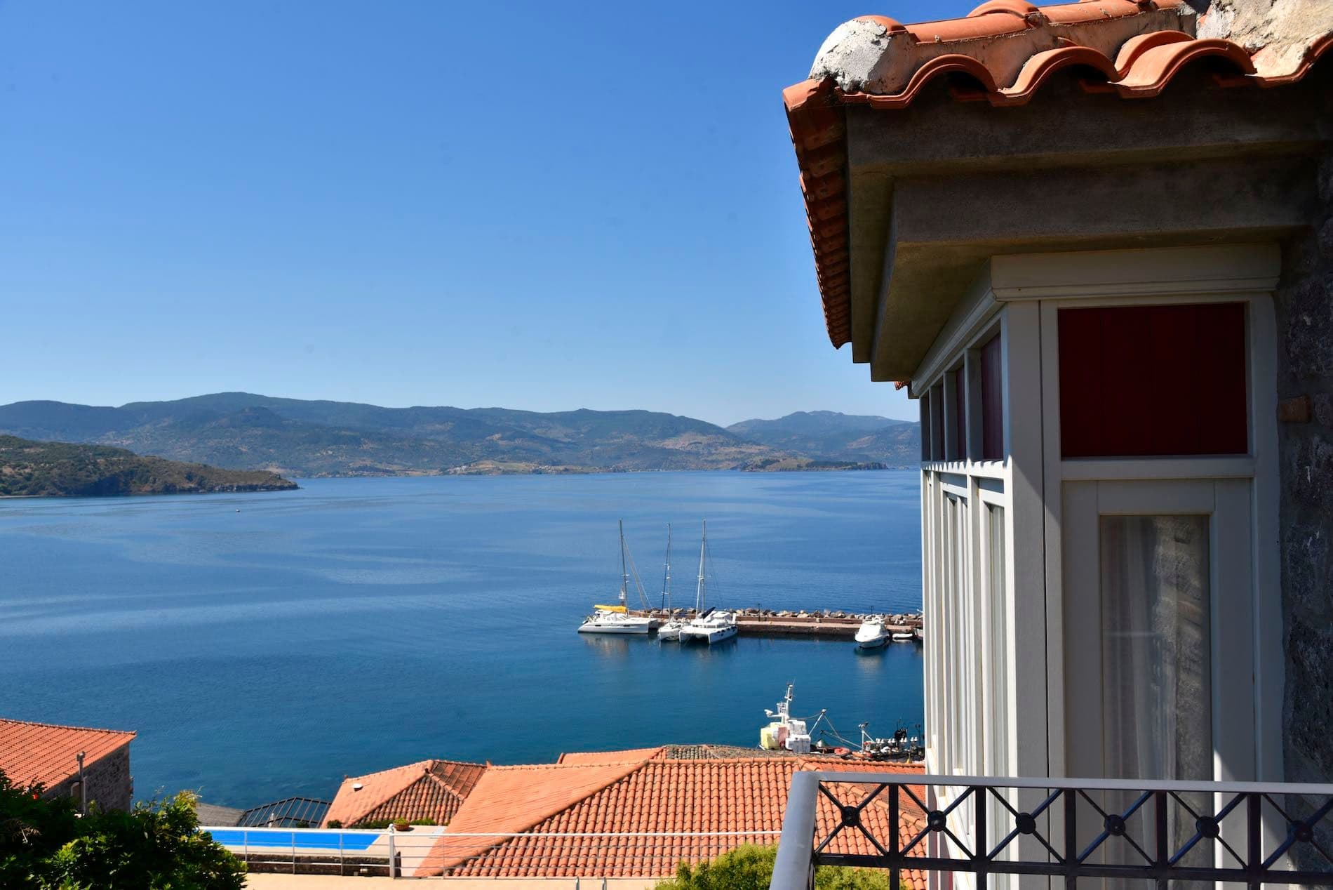 Balcony of side sea view maisonette facing Molyvos bay.